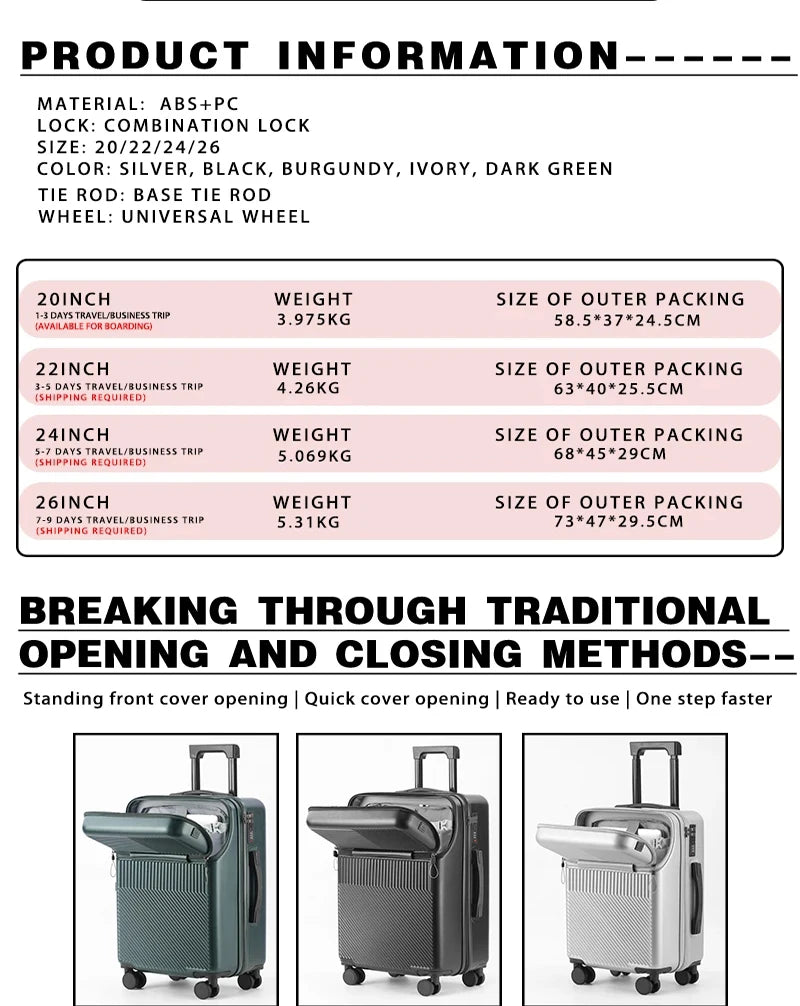 Valise bagages valise d'affaires élégante avec porte-gobelet compacte 20 pouces légère bagage à main