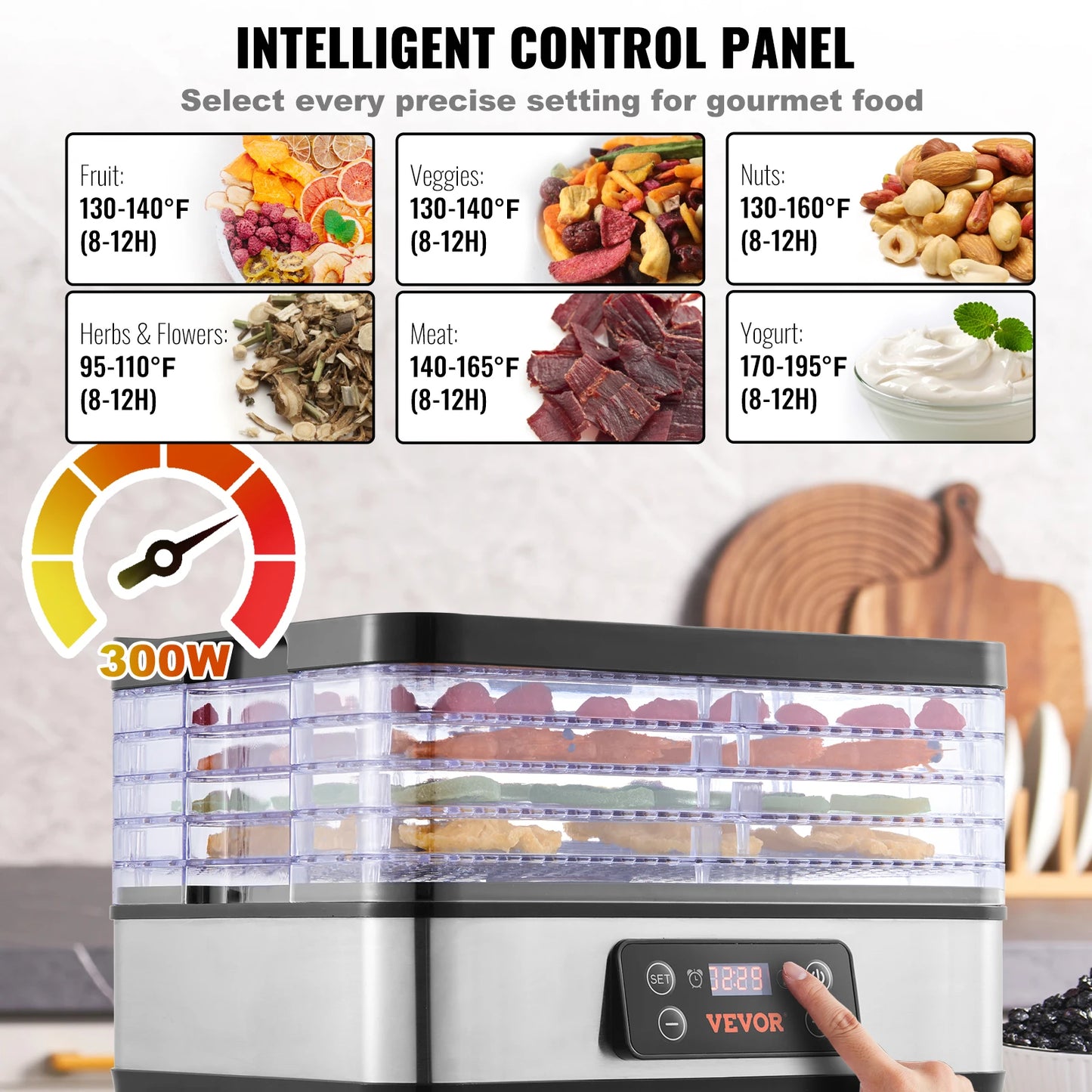 SucceBuy – déshydrateur alimentaire électrique à 5 plateaux, 300W, en acier inoxydable, avec minuterie et température réglables numériques