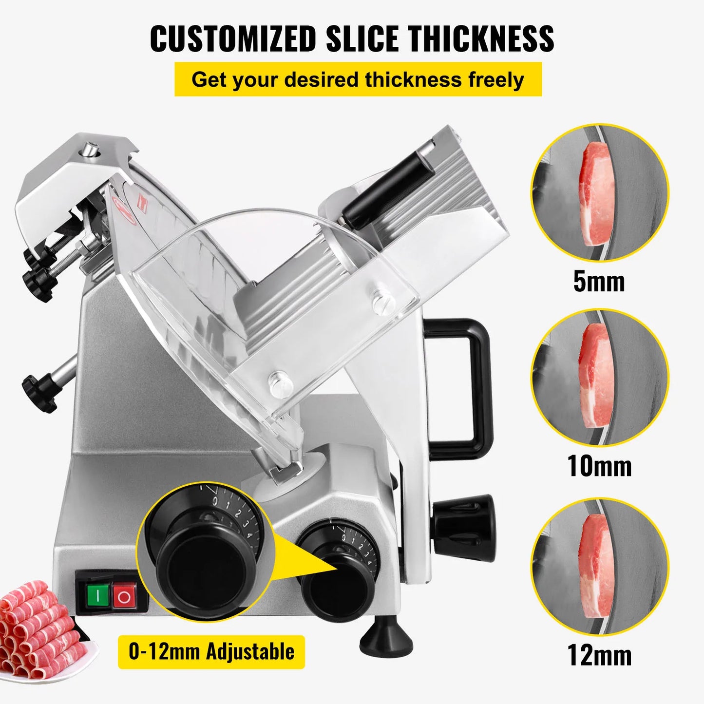 VEVOR Trancheuse Électrique Commerciale 200 W Trancheuse à Jambon Lame 203 mm 350-400 tr/min Trancheuse Charcuterie en Acier Inoxydable et Alu pour Couper en Tranches Viande Fromage Légumes Fruits