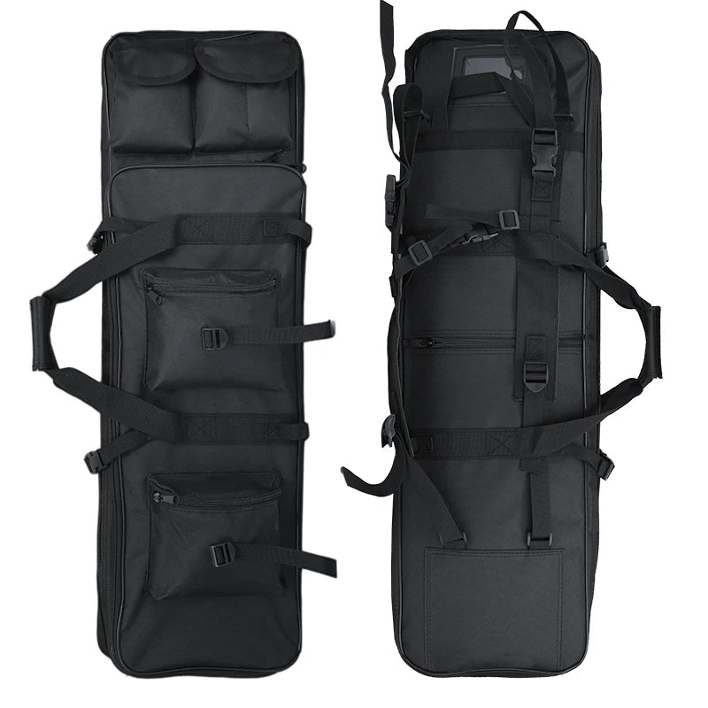 Sac de transport tactique noir pour fusil, avec multiples poches et sangles ajustables, idéal pour le stockage et le transport sécurisé.