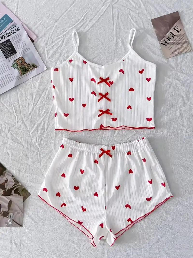 Vêtements de nuit femmes pyjamas ensemble coeur imprimé tissu côtelé doux avec glamour volants garniture décontracté Cami haut et short ensembles vêtements de détente nouveau