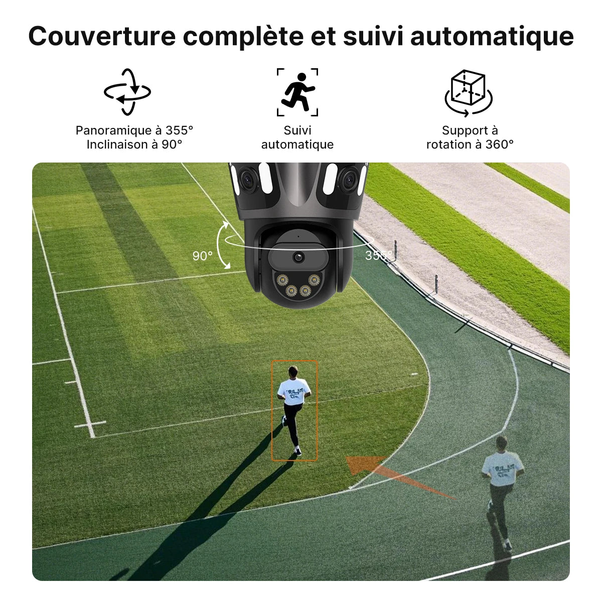 Caméra de surveillance panoramique 355° avec suivi automatique et rotation 360° sur terrain de sport