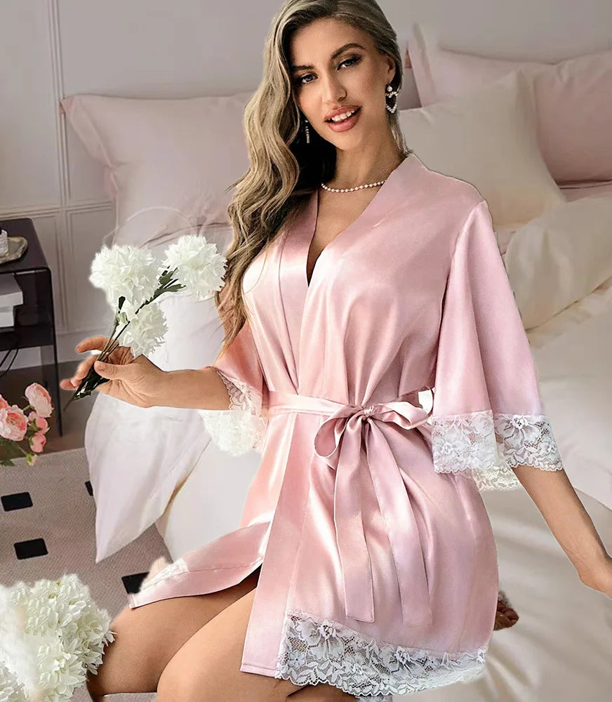Nouvelle Robe de Nuit Élégante en Satin pour Femme 2025, Kimono Court avec Dentelle, Col en V, Ceinturé, Vêtement de Nuit de Mariée, Cadeau pour Demoiselle d'Honneur