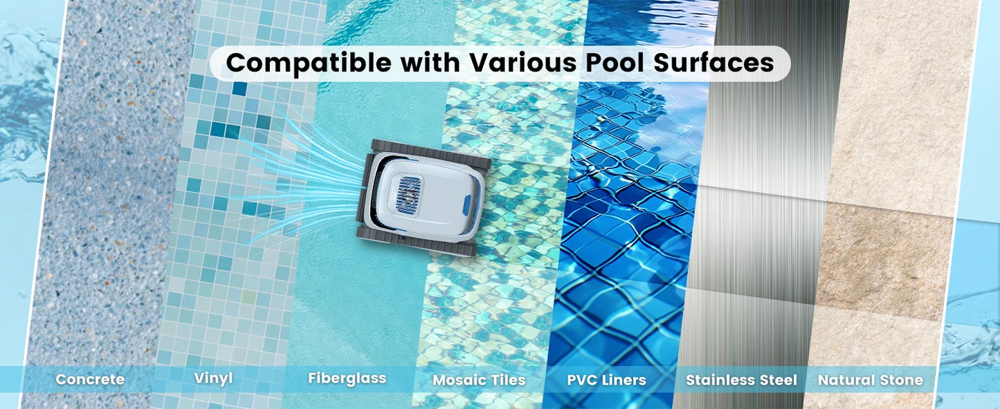 Robot nettoyeur de piscine compatible avec surfaces béton, vinyle, fibre de verre, carreaux, liner PVC, acier inoxydable, pierre naturelle