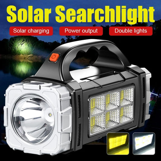 2024 lampe de poche LED puissante USB + lampe de poche solaire Rechargeable COB torche de Camping en plein air projecteur Portable batterie externe en plein air