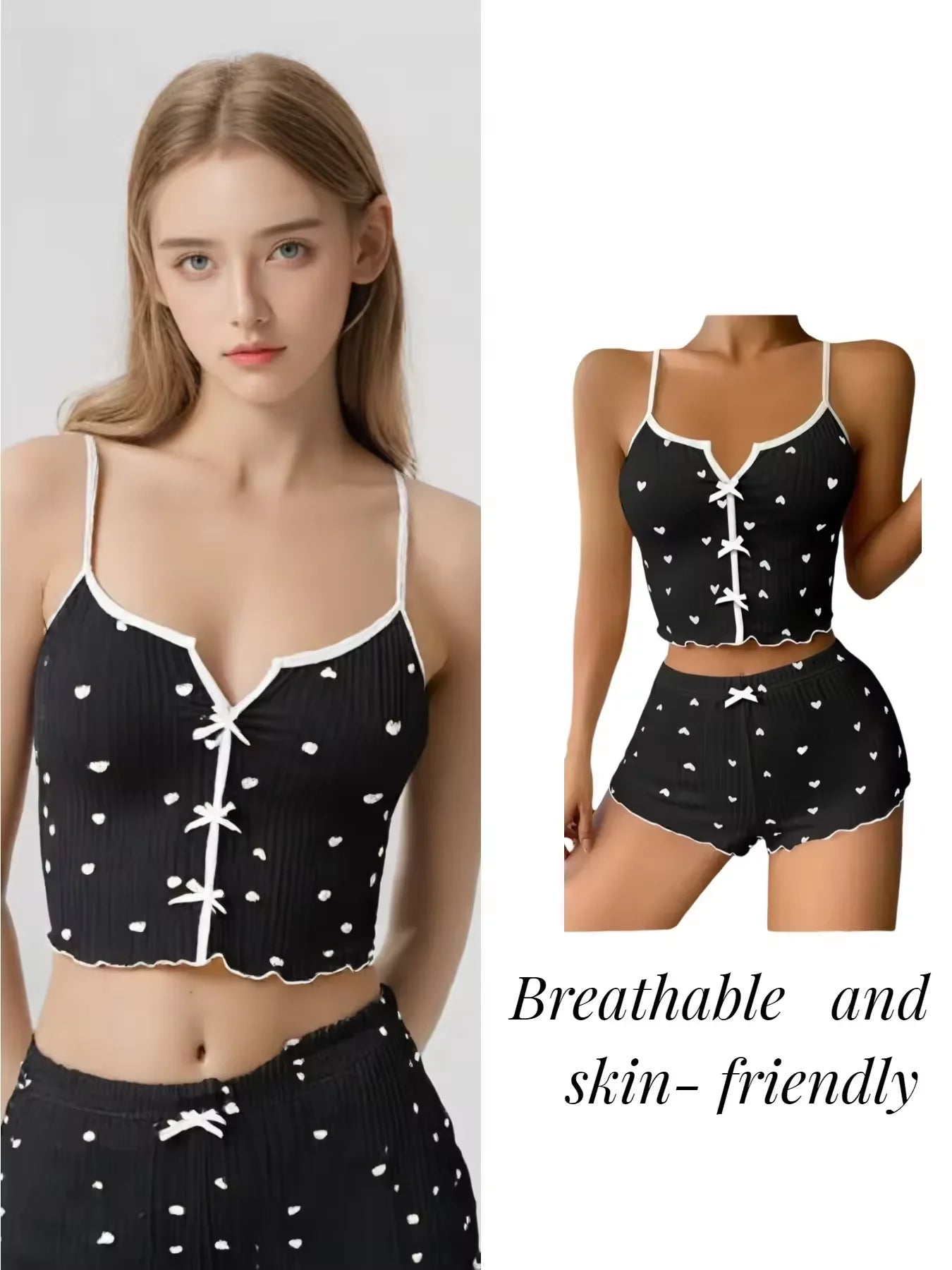 Vêtements de nuit femmes pyjamas ensemble coeur imprimé tissu côtelé doux avec glamour volants garniture décontracté Cami haut et short ensembles vêtements de détente nouveau