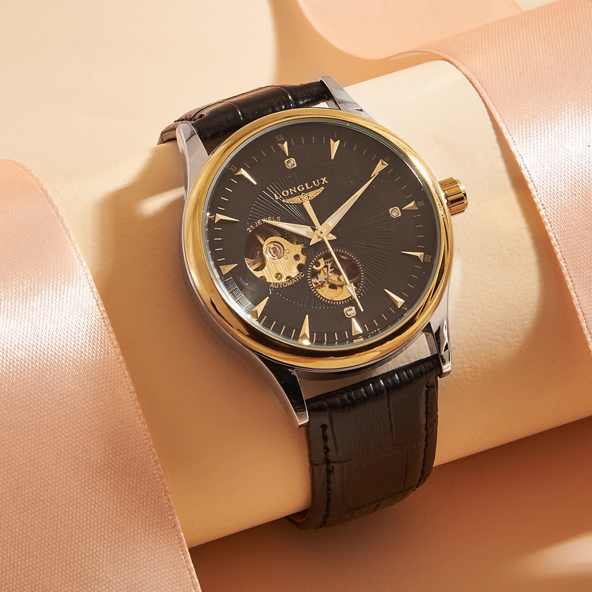 Montre automatique LONGLUX, style élégant, vente en gros, montres mécaniques squelette, cadran romain, étanche, montre homme, cadeau pour homme