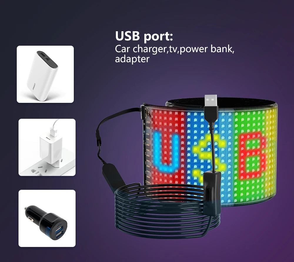Bande LED RGB flexible avec port USB, compatible chargeur voiture, power bank et adaptateur