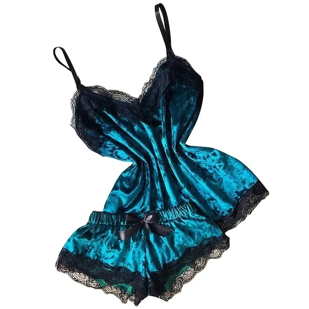 Été déshabillé en dentelle Sexy Satin pyjamas ensemble femmes chemise de nuit 2 pièces haut court et ensemble short et haut Homewear vêtements de détente
