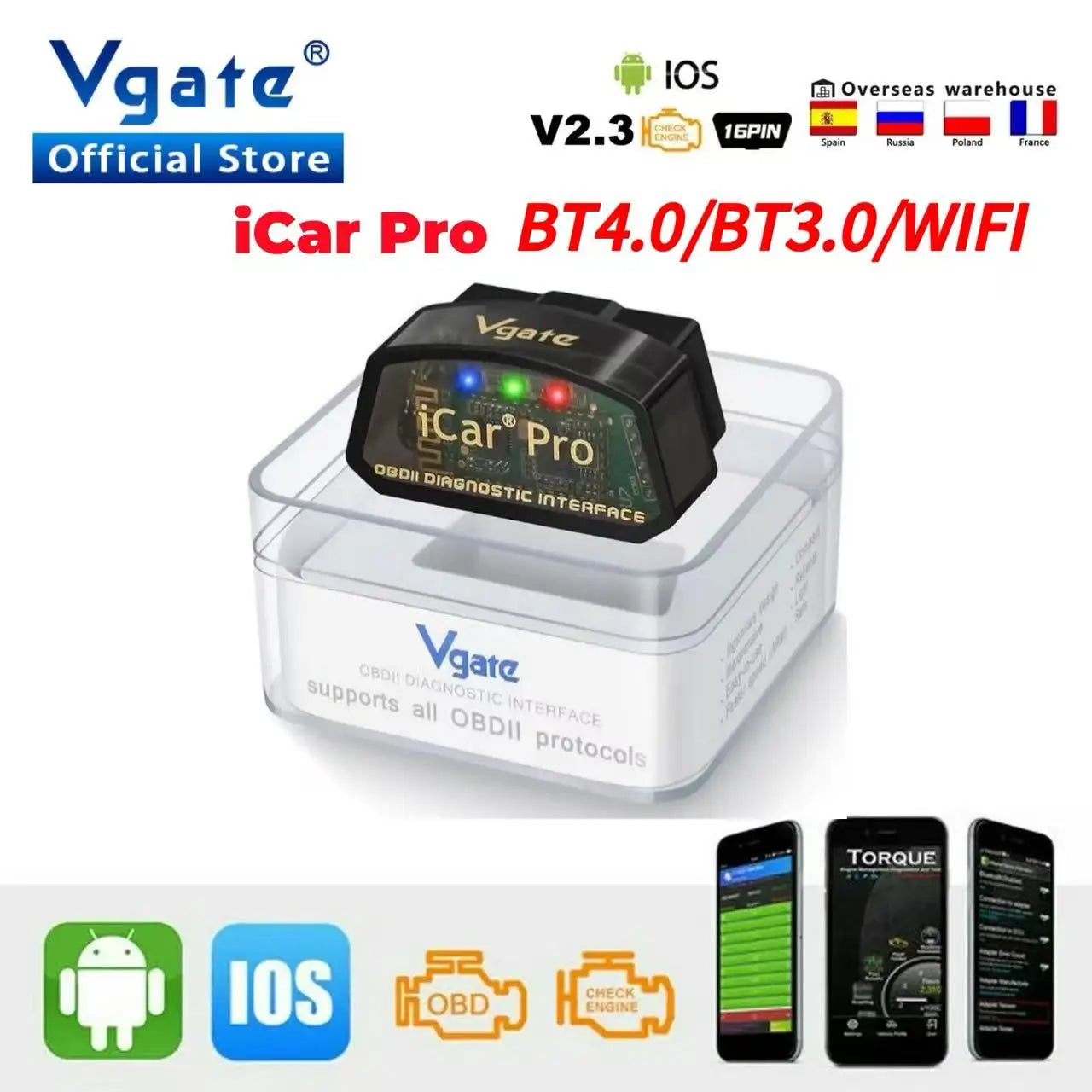 Scanner OBD2 Vgate iCar Pro ELM327 WIFI pour iOS/Android BT 4.0 BT 3.0 ELM 327 OBD 2 Outil de diagnostic automobile Lecteur de codes