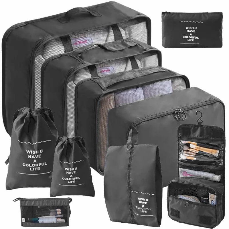Ensemble de 10/7 pièces, organisateur de voyage, sacs de rangement, valise, Cubes d'emballage, étuis portables, garde-robe, bagages, vêtements, pochette à chaussures pliable