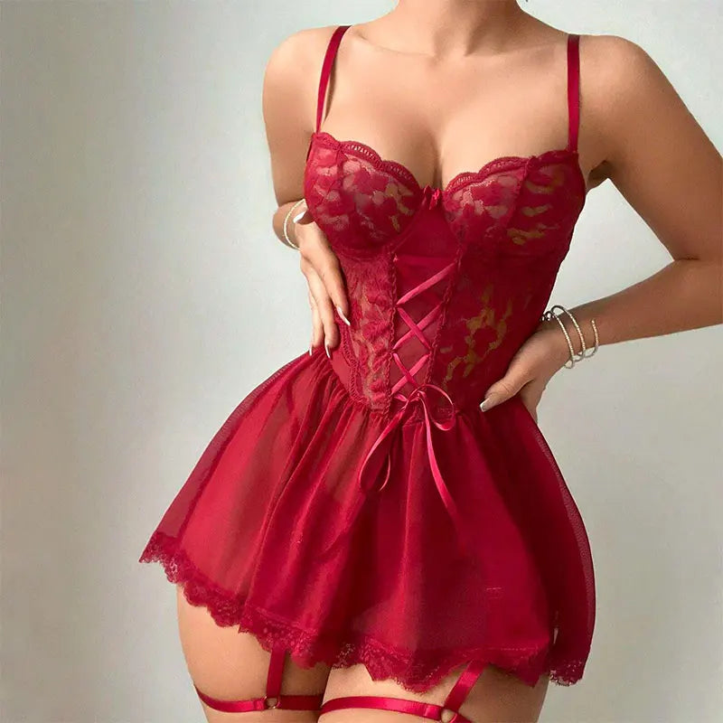 Pyjama jarretelles, Lingerie exquise pour femmes, soutien-gorge fantaisie avec string, anneaux de jambe, chemises de nuit érotiques, sous-vêtements grande taille, ensemble de vêtements de nuit