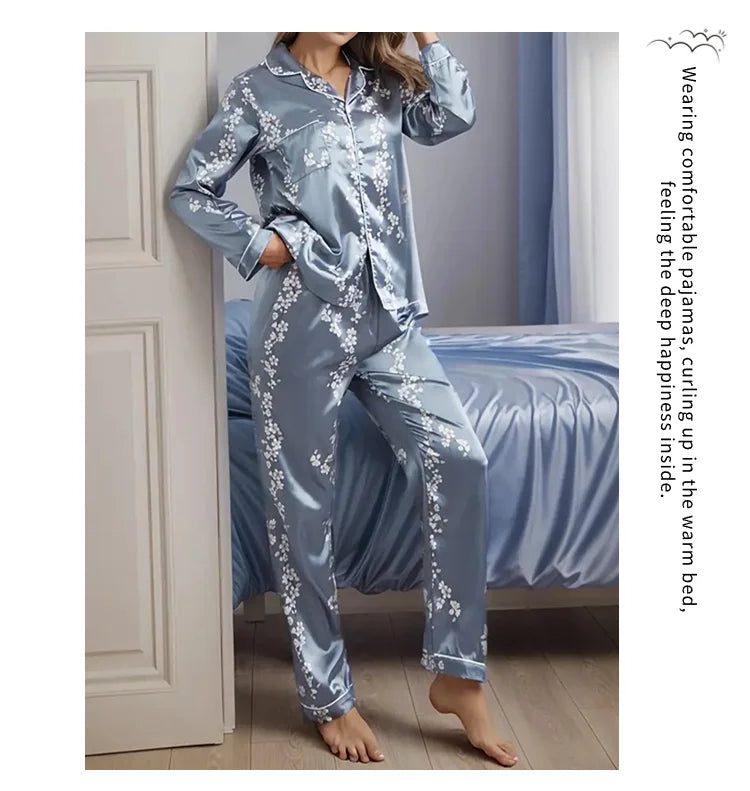 Femmes Satin Pyjama décontracté vêtements de nuit maison vêtements costume automne à manches longues boutonné haut et pantalon vêtements de nuit vêtements de détente Pyjama Femme
