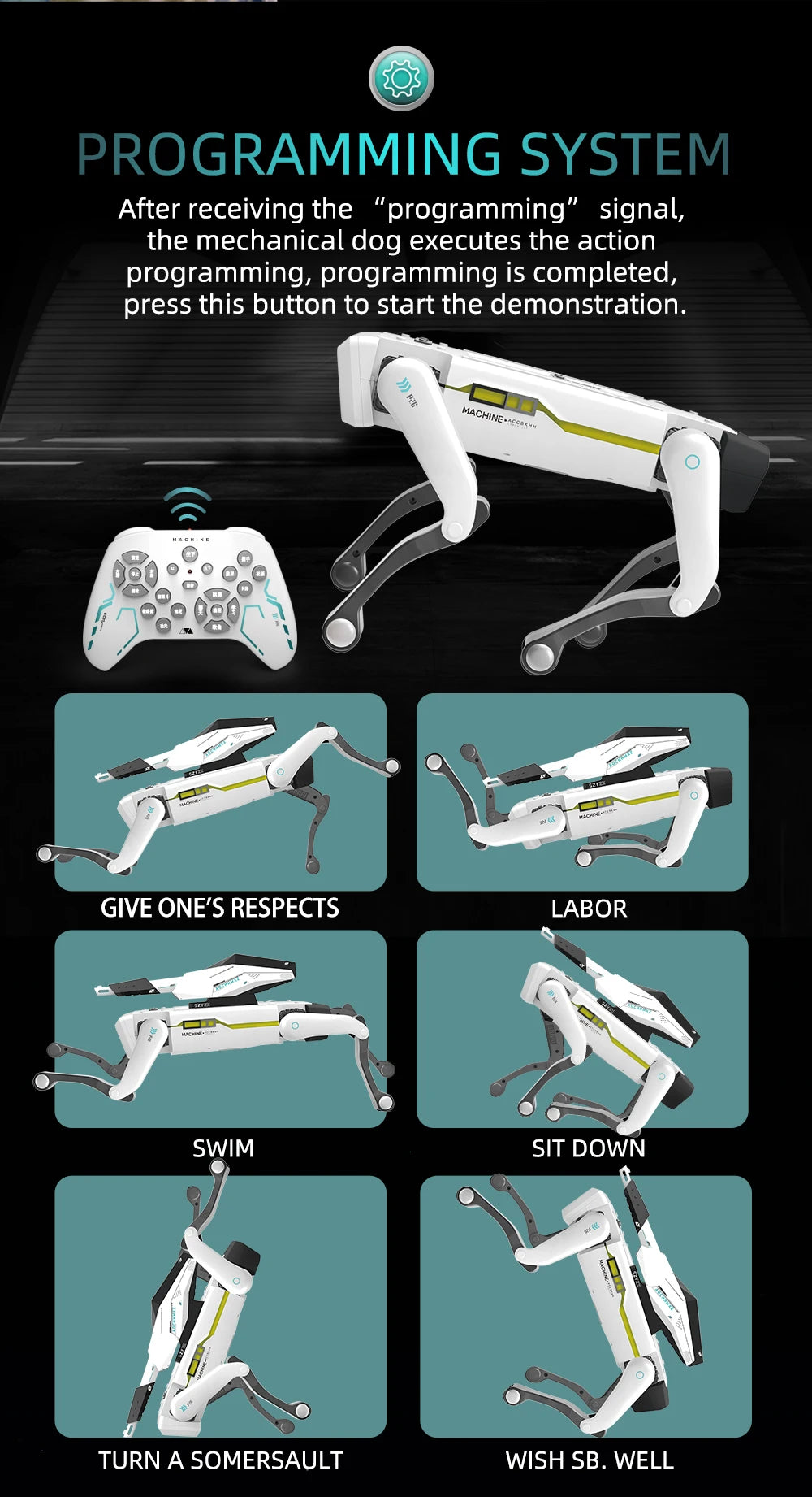 Chien robot programmable avec télécommande, exécute des actions comme saluer, nager, s'asseoir et faire des galipettes