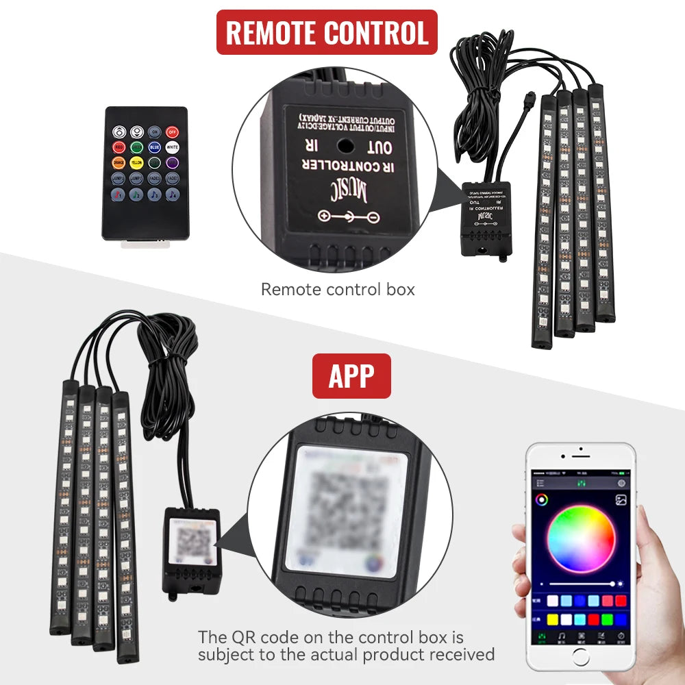 Kit de lumière d'ambiance pour intérieur de voiture, néon 36 48 72 LED, rétro-éclairage, application à distance, contrôle de la musique, lampe décorative d'ambiance RGB automatique