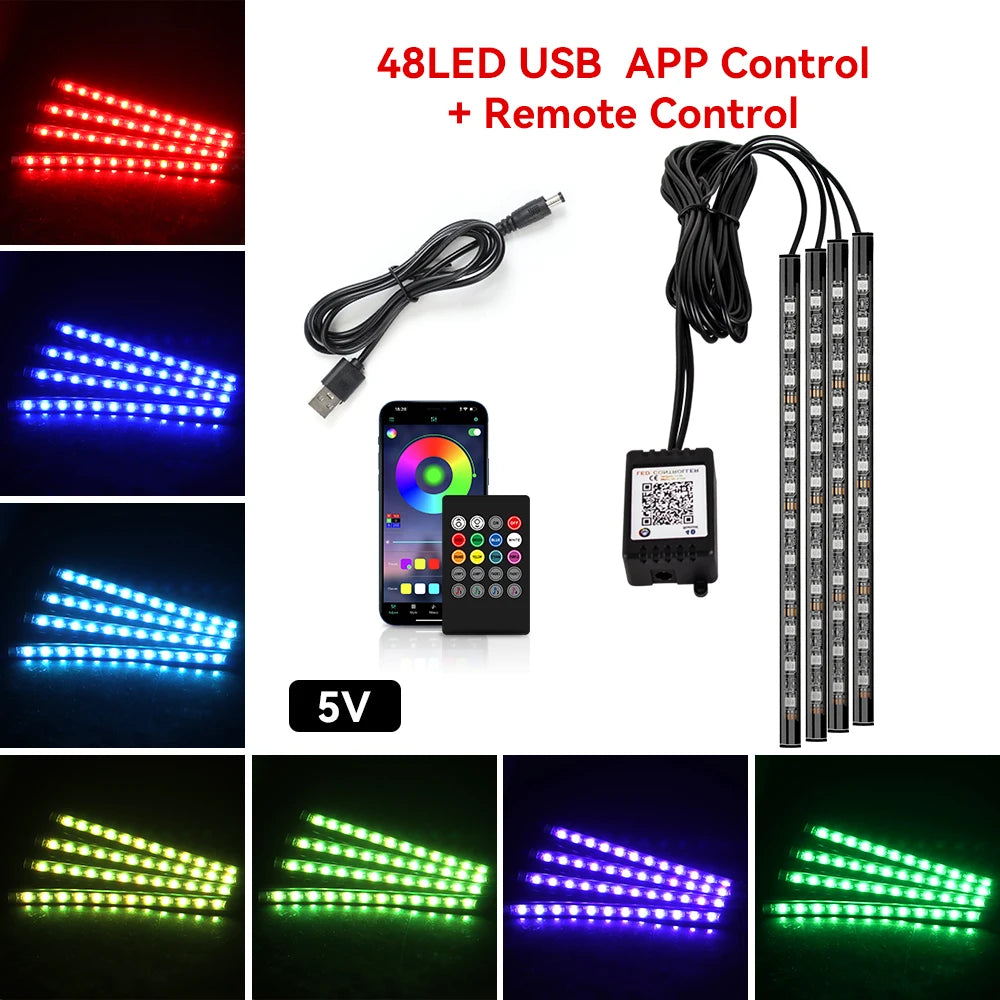 Kit de lumière d'ambiance pour intérieur de voiture, néon 36 48 72 LED, rétro-éclairage, application à distance, contrôle de la musique, lampe décorative d'ambiance RGB automatique