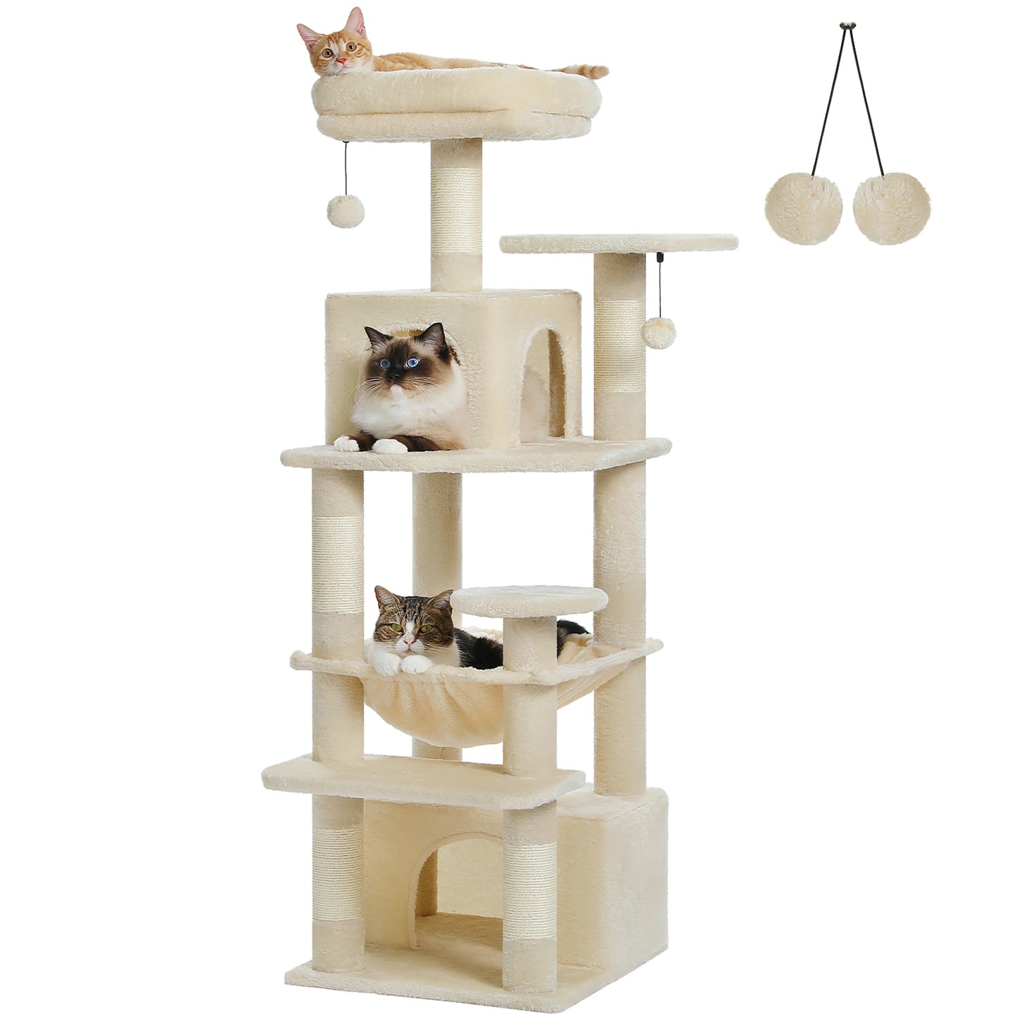 Arbre à chat beige multi-niveaux avec plateformes, griffoirs et jouets pour chats, idéal pour intérieur