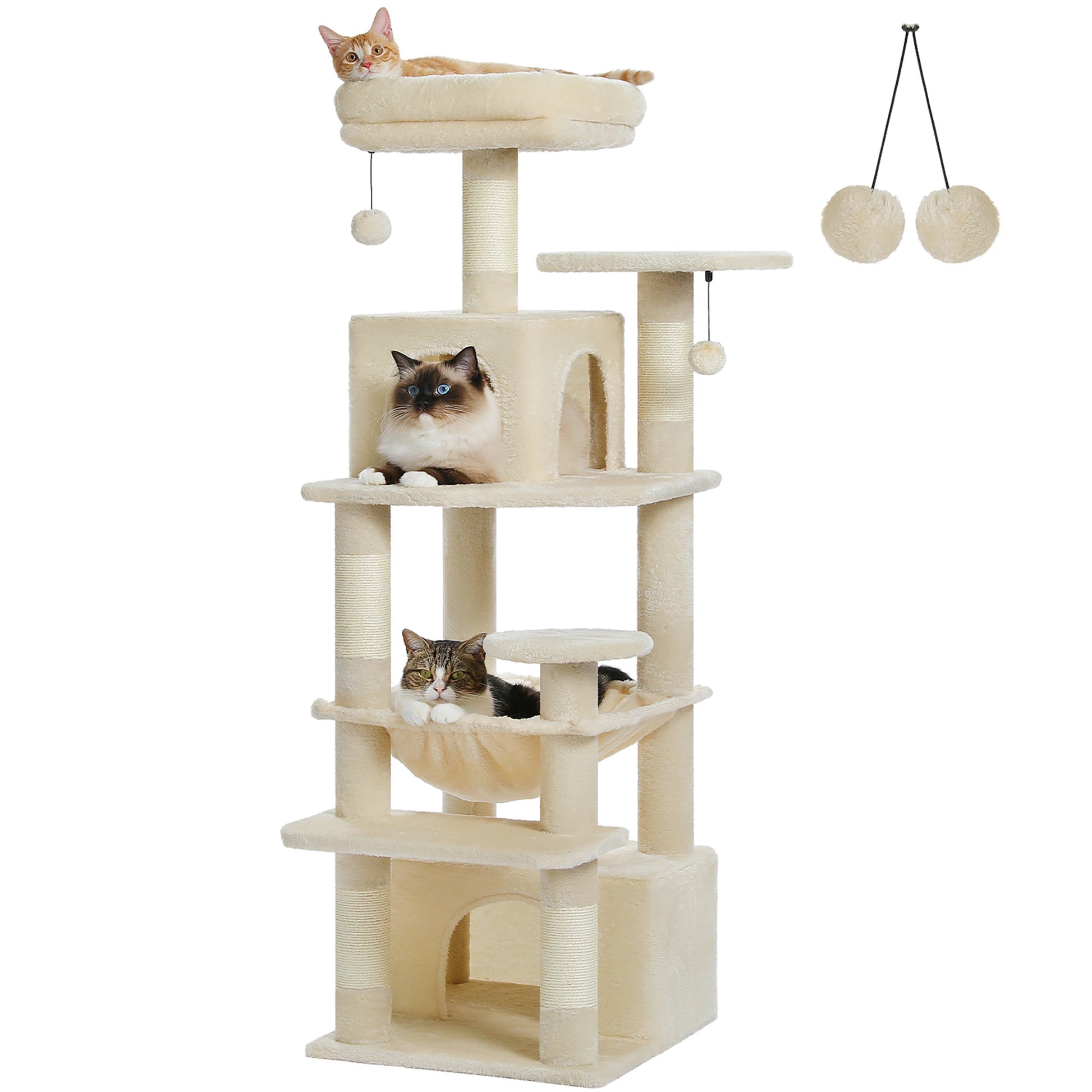 Arbre à chat beige multi-niveaux avec plateformes, griffoirs et jouets pour chats, idéal pour intérieur