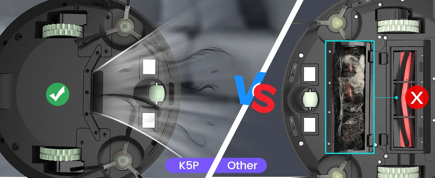 Comparaison K5P vs autre aspirateur robot : nettoyage sans enchevêtrement de cheveux, technologie anti-blocage