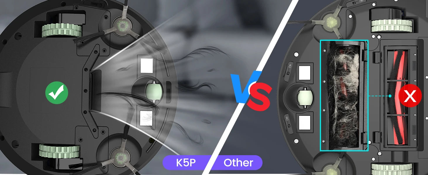 Comparaison K5P vs autre aspirateur robot : nettoyage sans enchevêtrement de cheveux, technologie anti-blocage