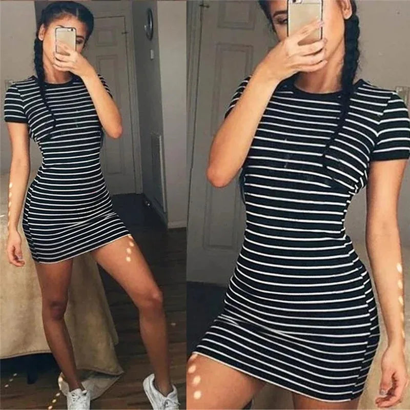 Robe d'été à manches courtes, col rond, à rayures noires et blanches, décontractée, élégante, fourreau, Slim, Stock