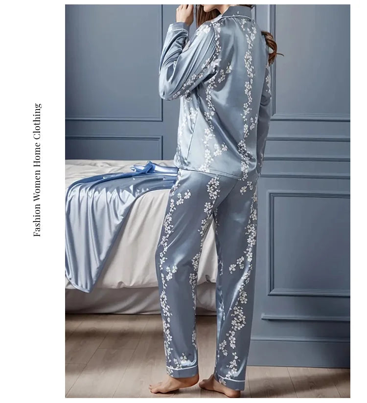 Femmes Satin Pyjama décontracté vêtements de nuit maison vêtements costume automne à manches longues boutonné haut et pantalon vêtements de nuit vêtements de détente Pyjama Femme