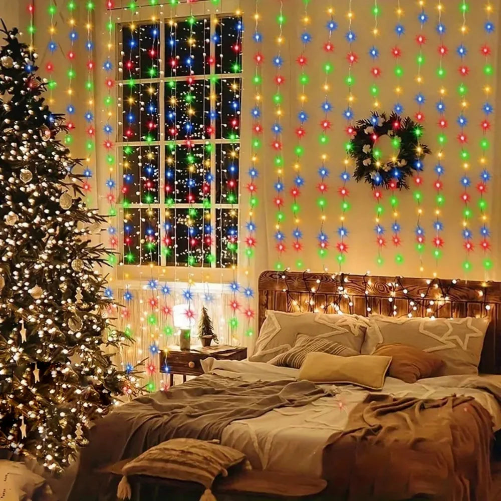 Guirlande lumineuse multicolore pour chambre, décoration Noël avec sapin et étoiles clignotantes