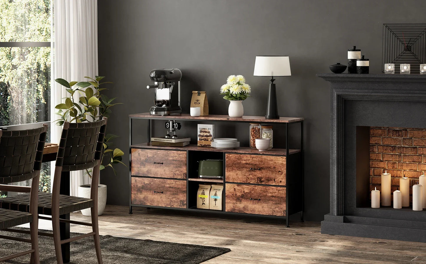Rosahqnda Meuble TV avec 4 tiroirs, meuble TV, étagères réglables, table TV, meuble TV meuble de salon
