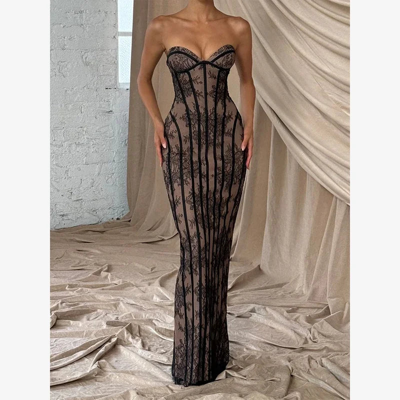 Robe longue chic en gaze sans bretelles, dos nu, épaules dénudées, imprimée, patchwork, slim, pour femme, soirée, 2026