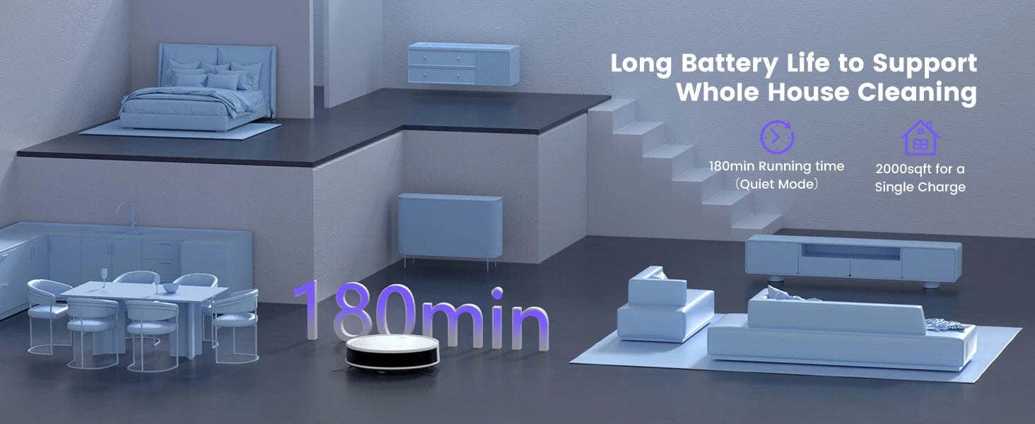 Aspirateur robotique avec 180 min d'autonomie pour nettoyage maison entière, mode silencieux