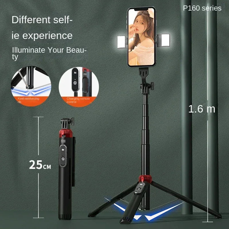 Trépied perche à selfie P160 de 1.6 m, support de téléphone portable rétractable en alliage d'aluminium avec Bluetooth aste pour IOS Android