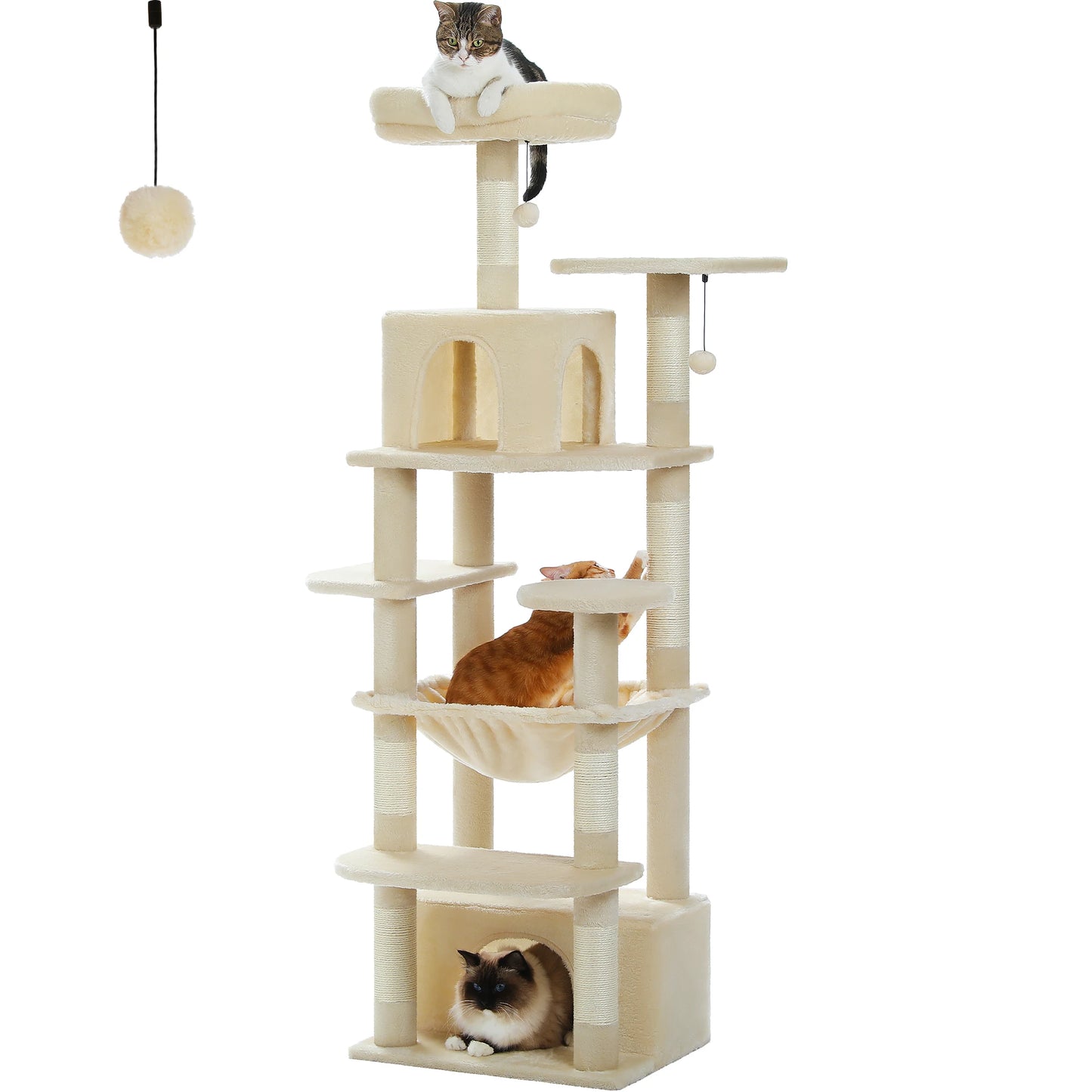Arbre à chat beige avec plateformes, griffoirs et hamac pour chats, idéal pour jeux et repos
