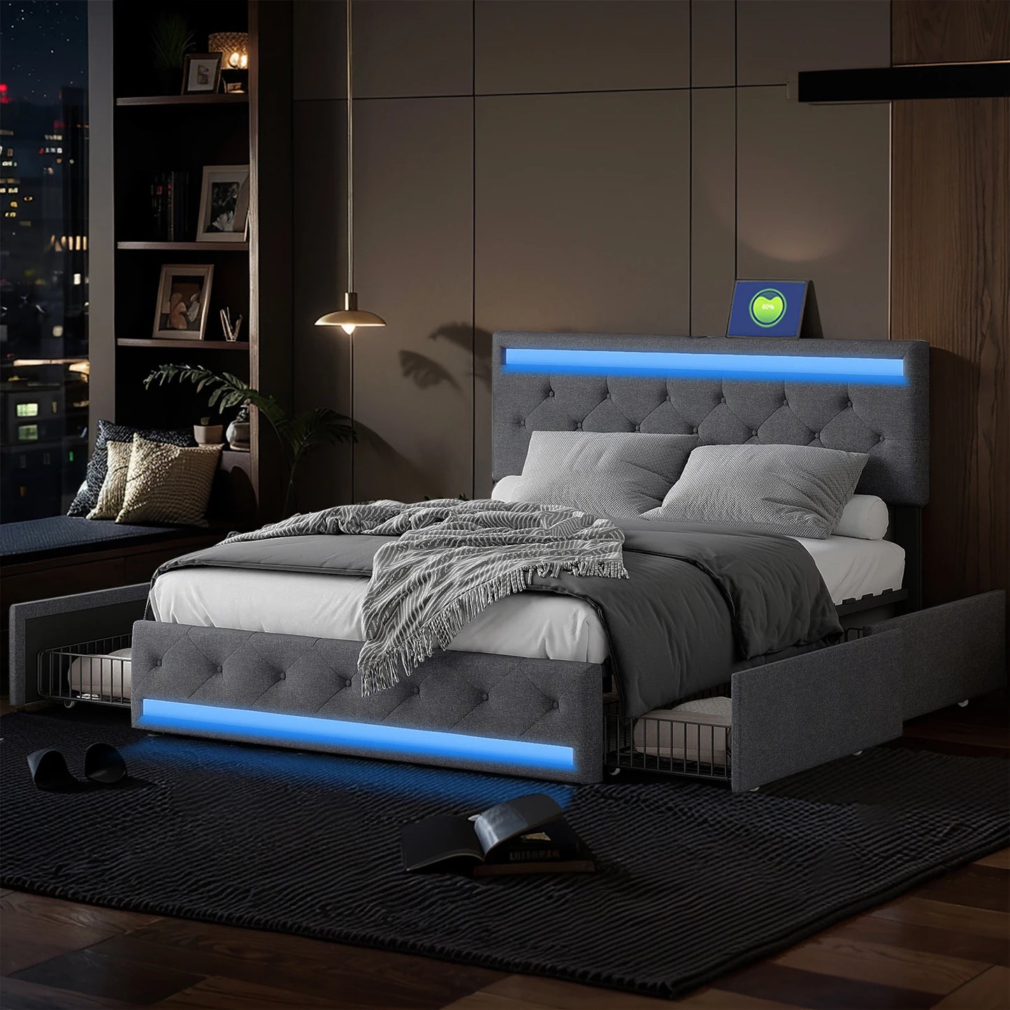 Lit design gris avec LED bleue, rangements intégrés et tête de lit capitonnée, ambiance moderne