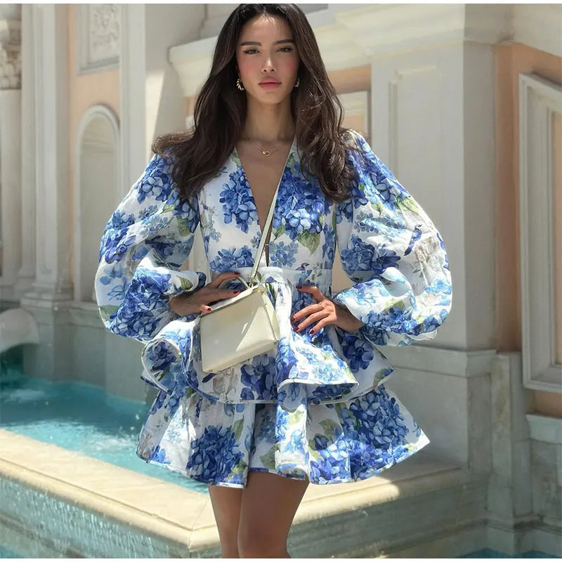 Femmes cravate-teinture 3D fleur col en V pleine sans manches Mini robes mode mince imprimé plusieurs plis robes nouvelle dame vêtements de vacances