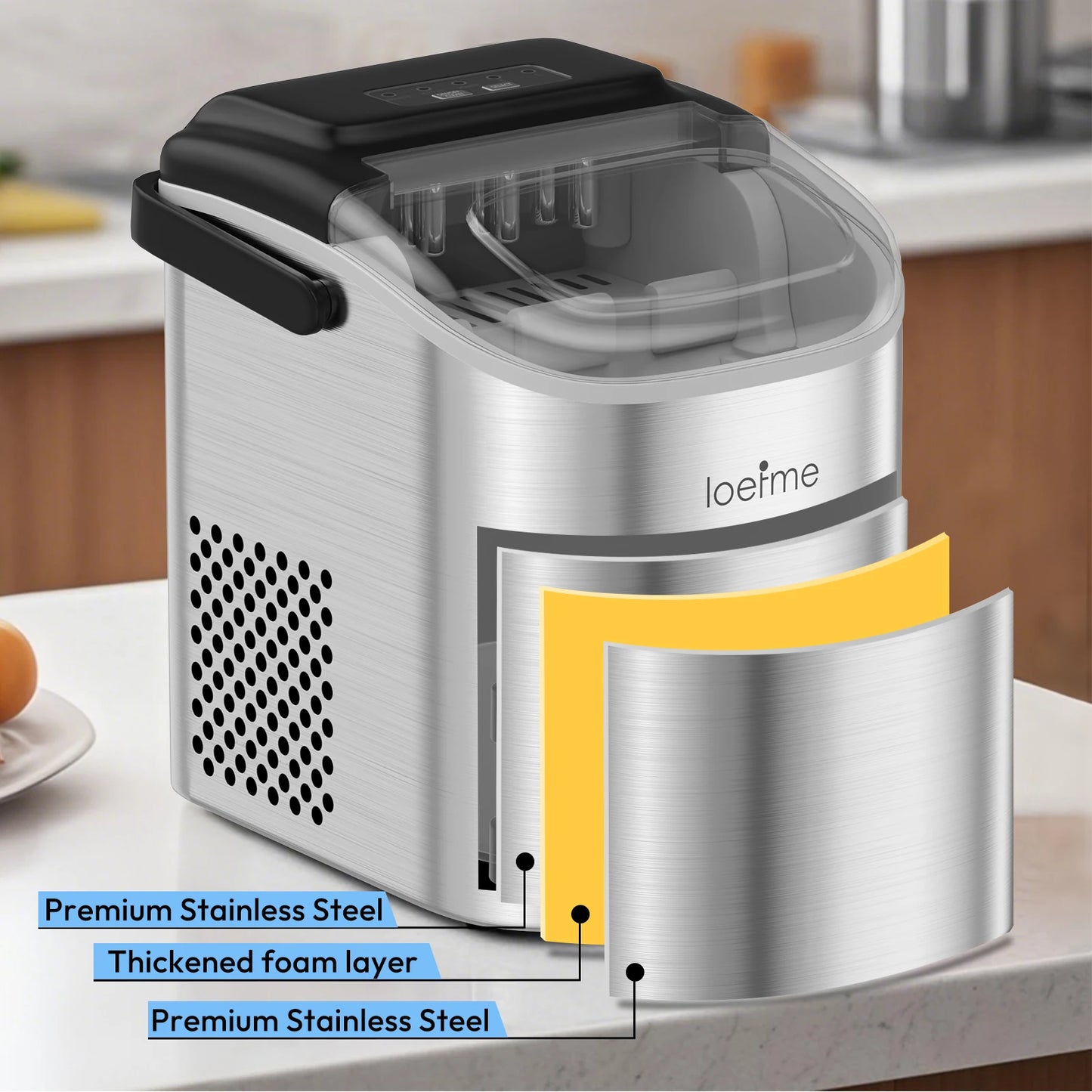 Machine à glaçons en acier inoxydable premium avec isolation renforcée, idéale pour cuisine moderne