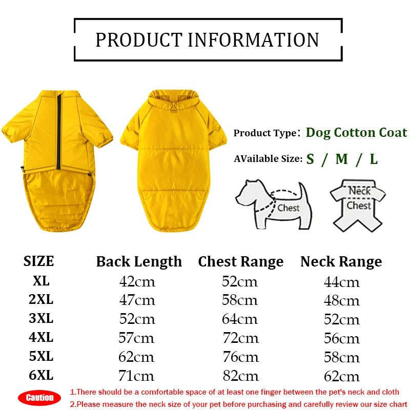 Manteau coton jaune pour chien, tailles S à 6XL, avec fermeture dos et capuche, idéal pour les promenades