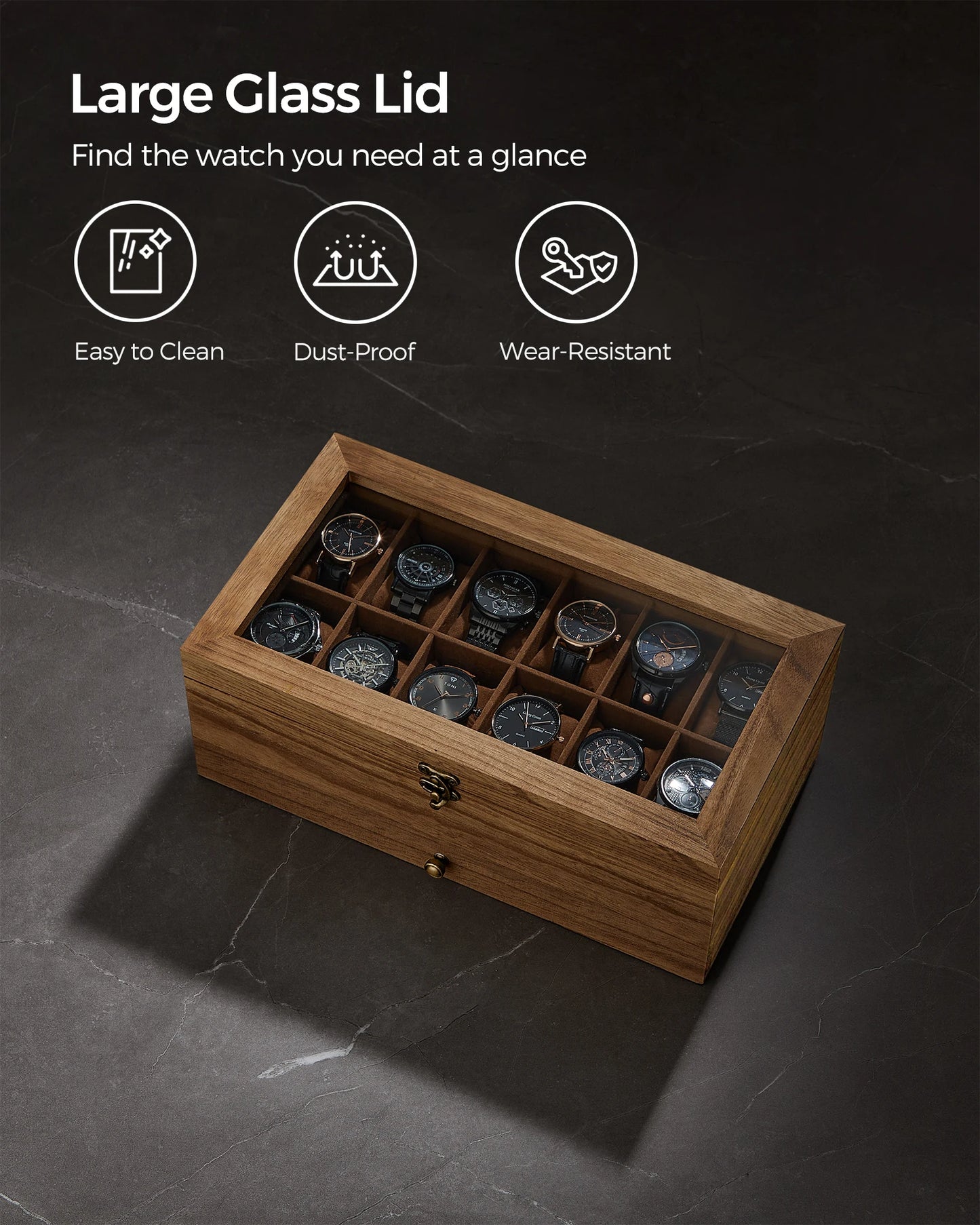 Boîte à montres en bois avec vitre en verre, anti-poussière et résistante à l'usure, idéale pour collectionneurs