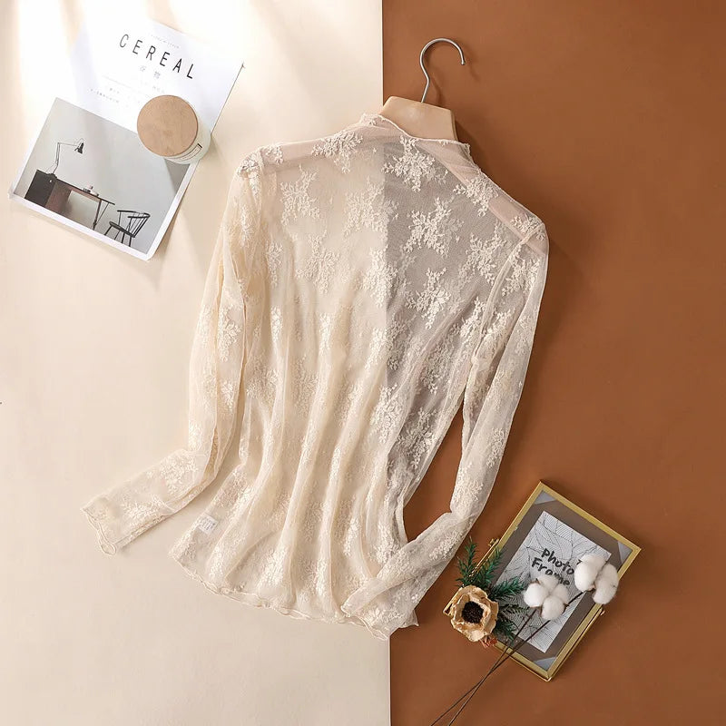 T-Shirts en maille pour femmes, chemisier en dentelle transparente, manches longues, hauts transparents pour femmes, chemise à bascule, T-Shirts transparents, haut court
