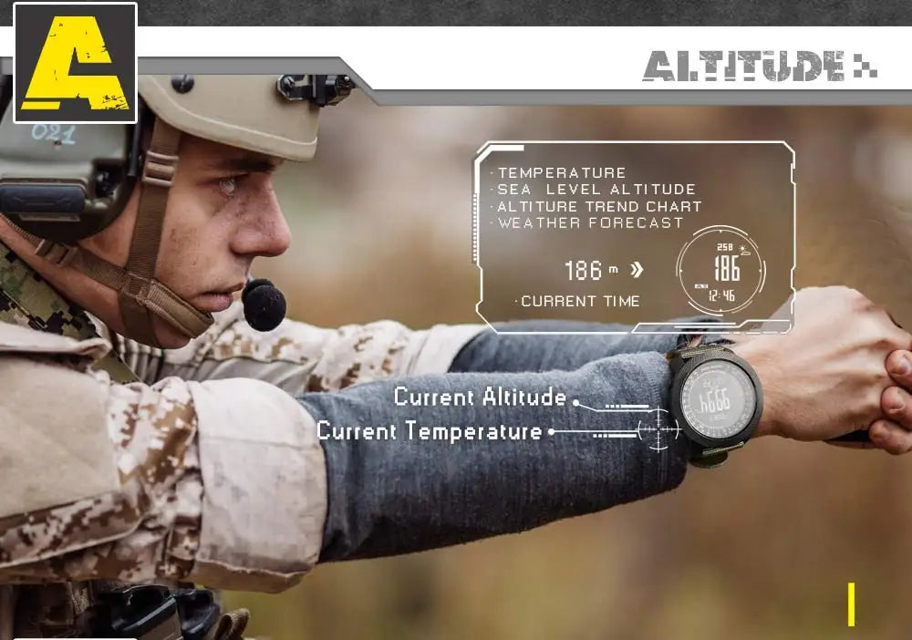 Montre connectée militaire affichant altitude, température et météo en temps réel pour usage extérieur