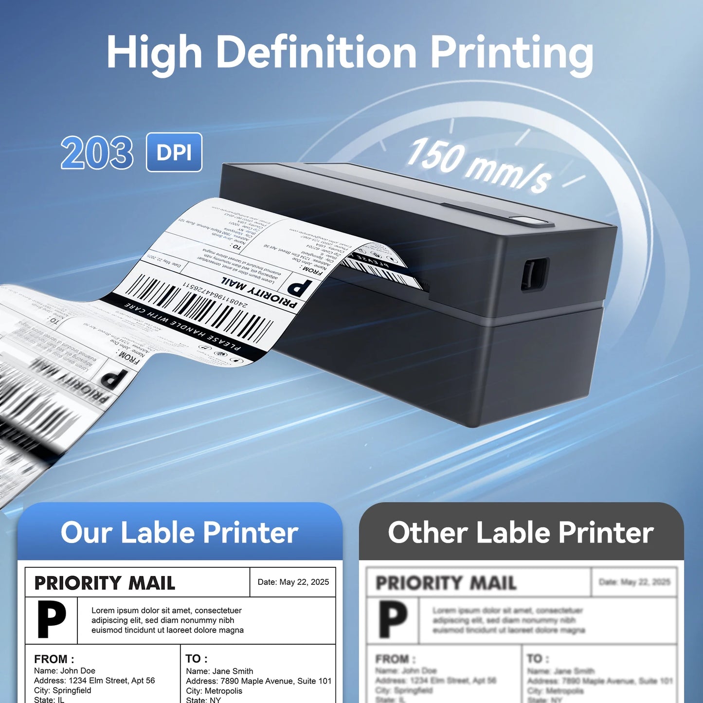 Imprimante d'étiquettes haute définition 203 DPI, impression rapide 150 mm/s, étiquettes Priority Mail nettes