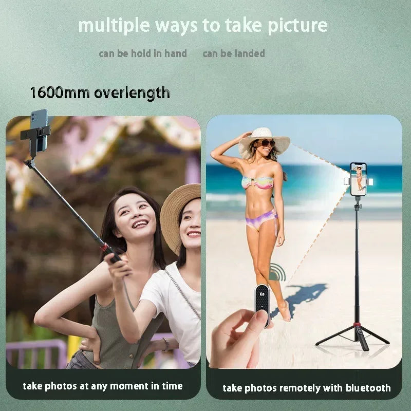 Trépied perche à selfie P160 de 1.6 m, support de téléphone portable rétractable en alliage d'aluminium avec Bluetooth aste pour IOS Android