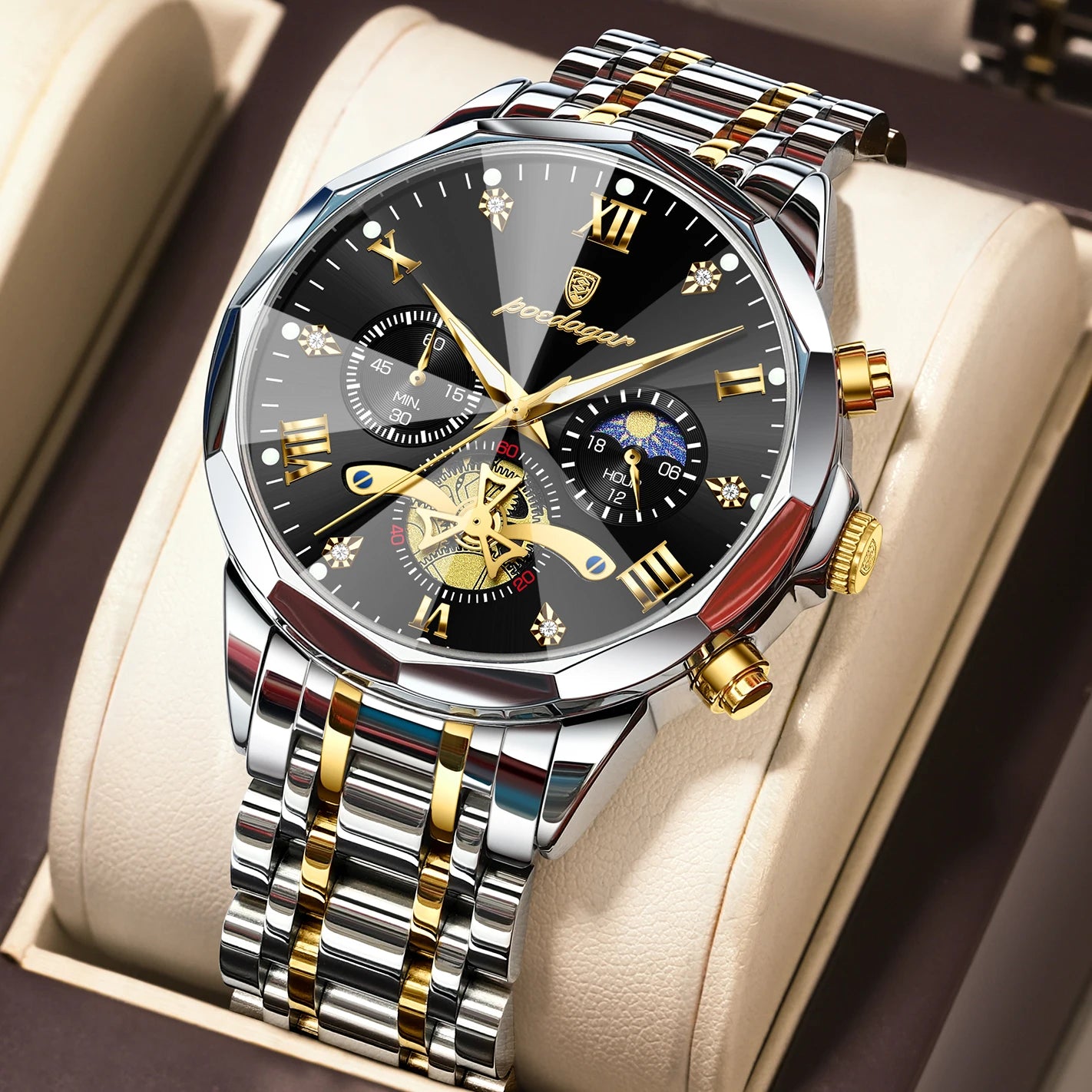 POEDAGAR Montre de luxe pour homme, étanche, chronographe lumineux, montre sport pour homme, acier inoxydable, montre à quartz tendance pour homme, Reloj