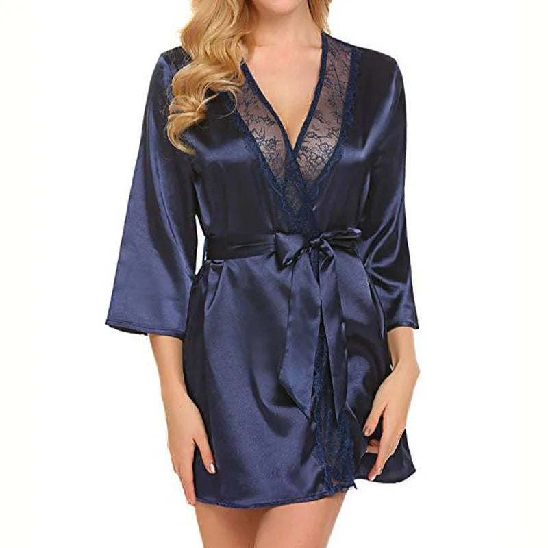 Robe de Nuit Sexy en Satin et Dentelle pour Femme, Chemise Courte, Kimono, Peignoir, Lingerie, Douce, Confortable, Noire, Grande Taille