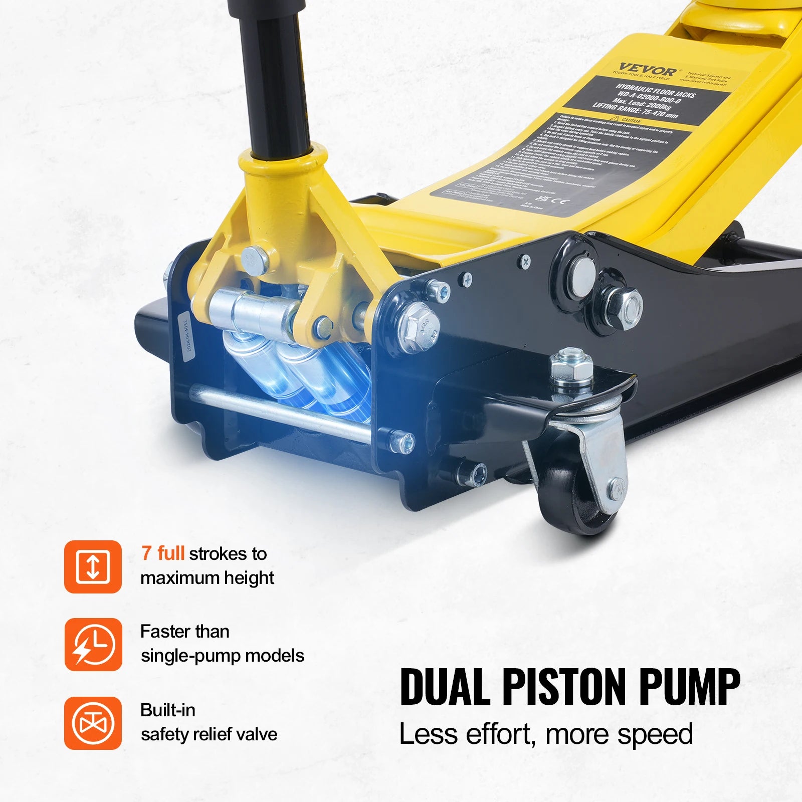 Jack hydraulique jaune et noir VE VOR avec pompe à double piston, levage rapide et sécurité intégrée