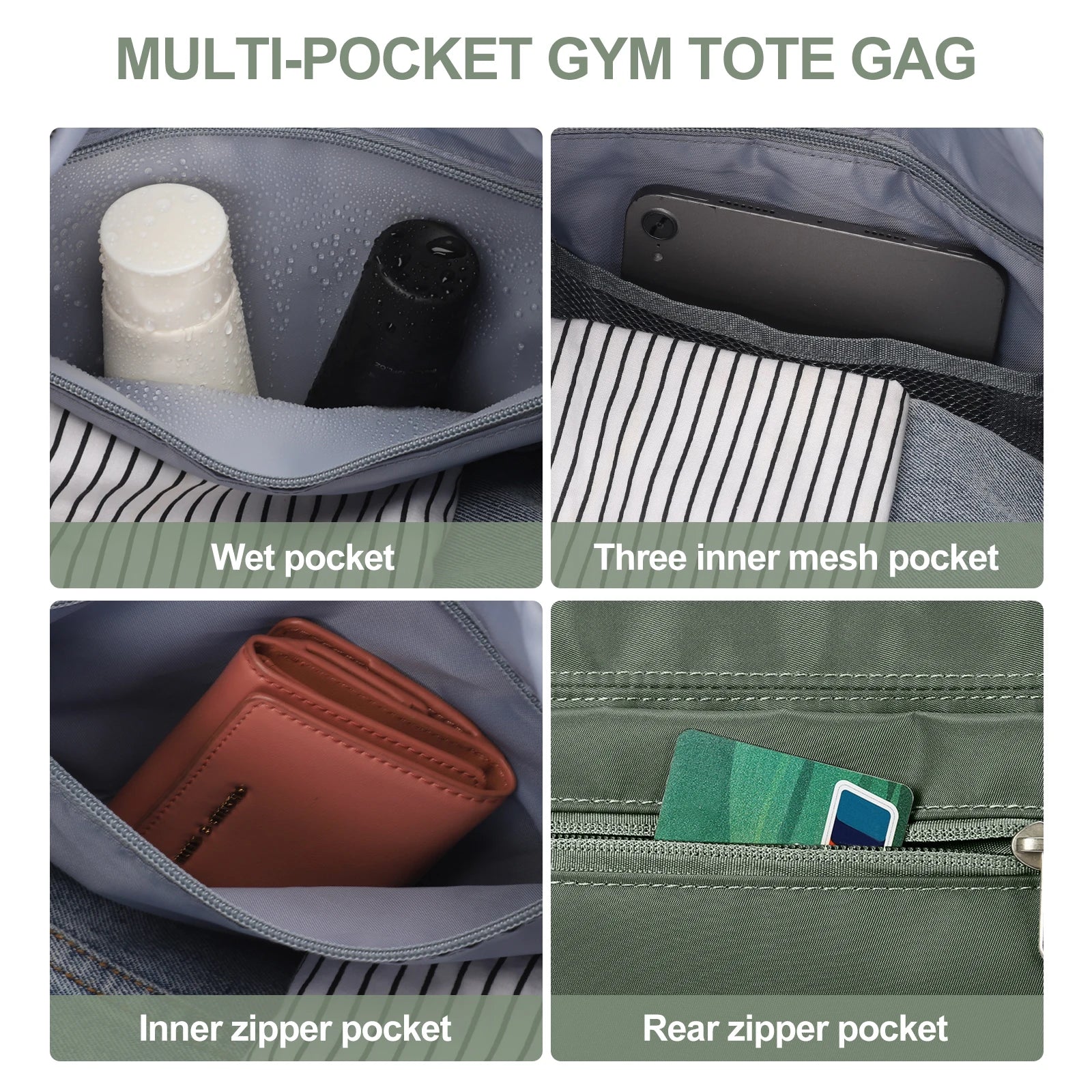Sac de sport multi-poches avec compartiment humide, mesh et zippé pour téléphone, portefeuille et cartes
