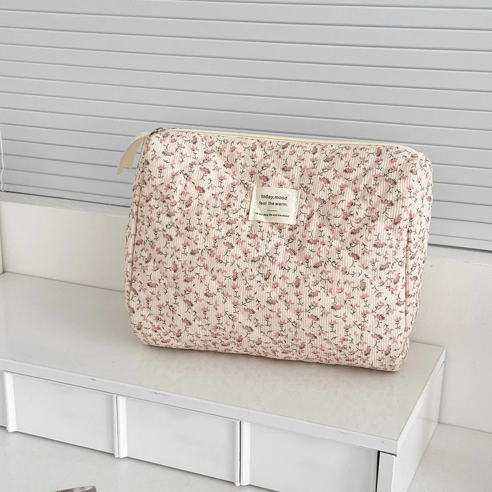 Sac de Rangement Matelassé Grande Capacité pour Maquillage, Pochette Cosmétique Vintage à Imprimé Floral pour Femme, Sac de Voyage Organisateur