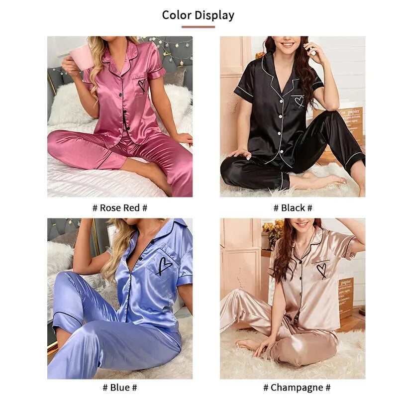 Ensemble de pyjama brodé en satin pour femme, poche, cœur, confortable, manches courtes, bouton, pantalon de salon, vêtements de nuit