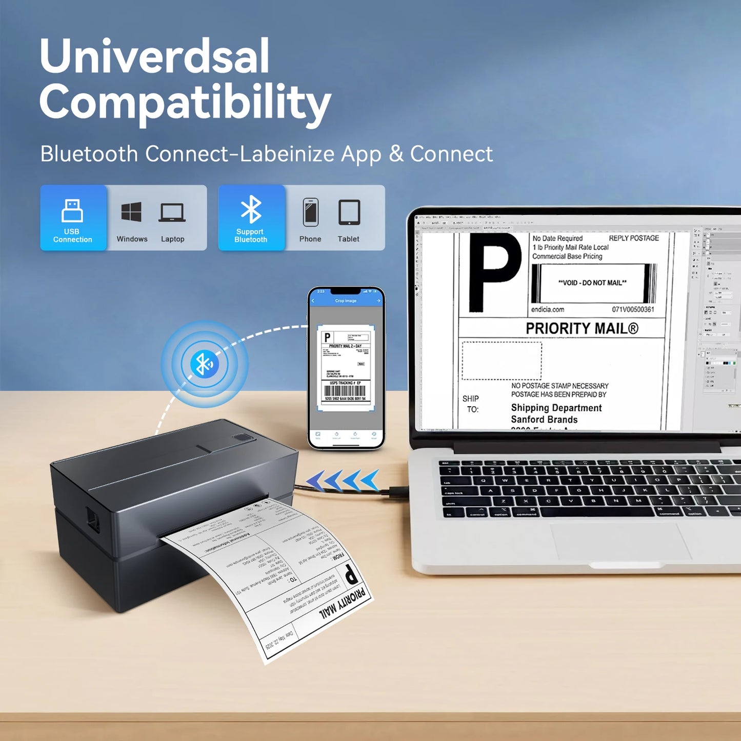 Imprimante d'étiquettes Bluetooth pour colis, compatible PC, smartphone et tablette, impression rapide d'expédition