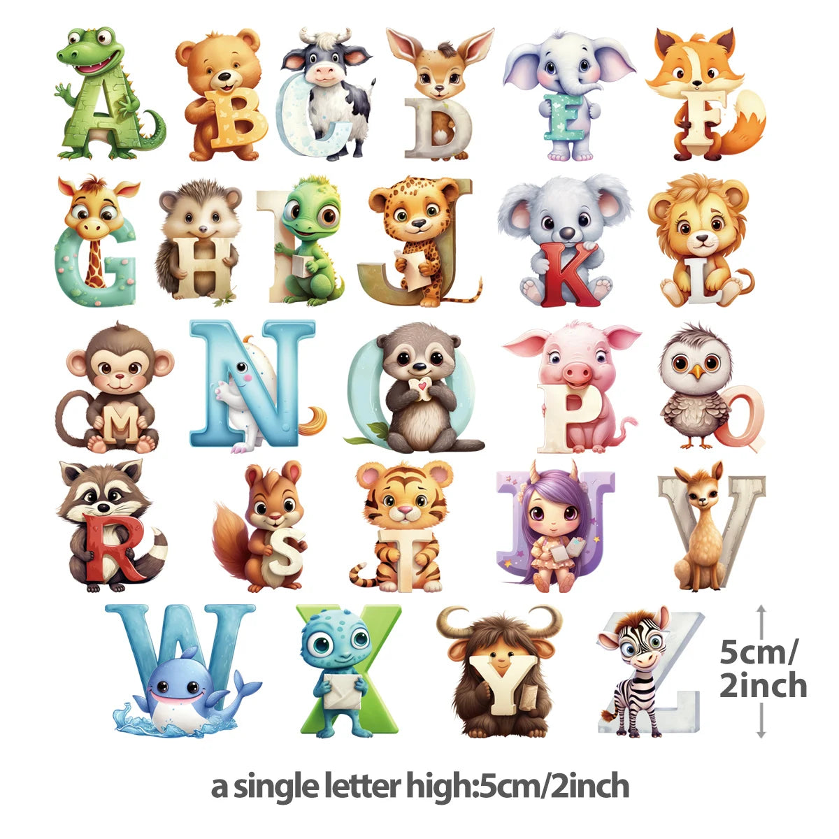 Stickers alphabet animaux mignons pour enfants, lettres 5 cm, décoration éducative et ludique