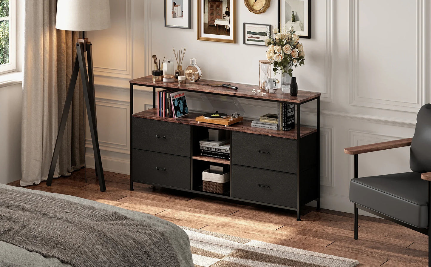 Rosahqnda Meuble TV avec 4 tiroirs, meuble TV, étagères réglables, table TV, meuble TV meuble de salon